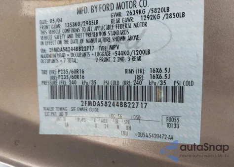 2004 Ford Freestar Limited из США, поврежденный, VIN 2FMDA58244BB22717